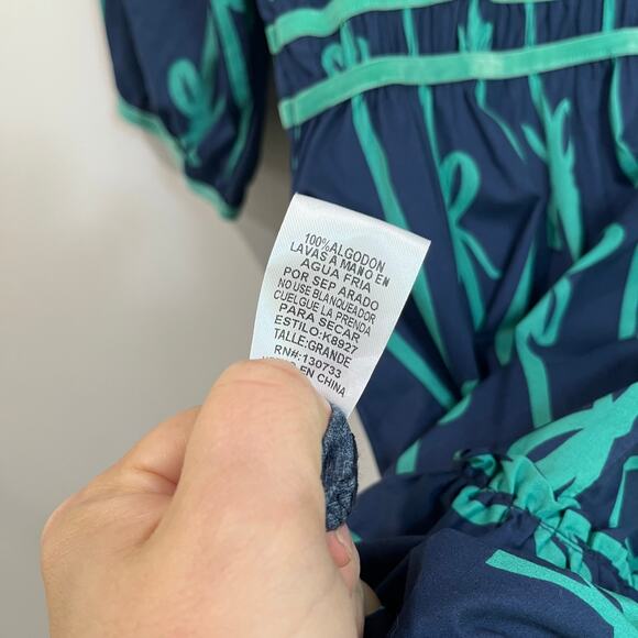 Umgee Ribbon Print Puff Sleeve Velvet Trim Boho Mini Dress Casual Holiday L - Picture 6 of 11